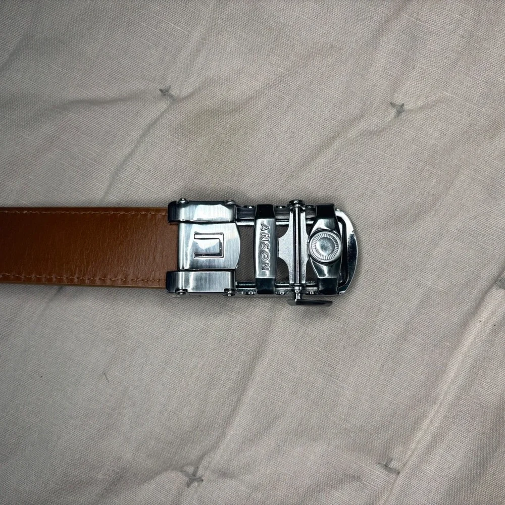 Anson Belt & Buckle Men's Brown Leather Ratchet Belt Silver Buckle Adjustable